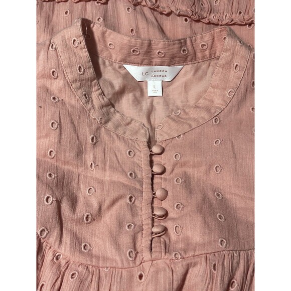 Lauren Conrad Sz. Large Pink Eyelet Fit Flair Ruffle Peasent Cottage Lined Dress - Picture 3 of 9